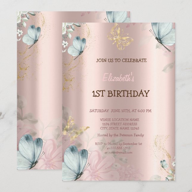 Invitation Aquarelle Blue Butterflies Rose Gold Anniversaire (Devant / Derrière)
