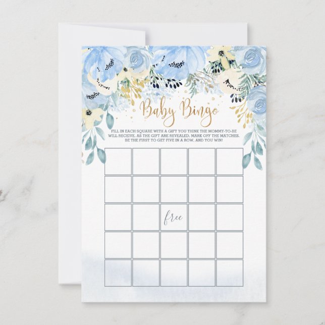 Invitation Aquarelle Blue Floral Baby shower Jeu de Bingo  (Devant)