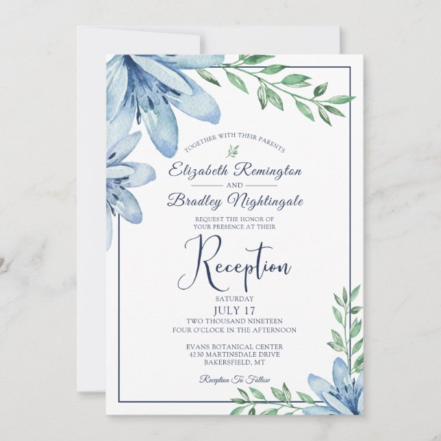 Invitation Aquarelle Blue Floral Mariage Réception (Devant)