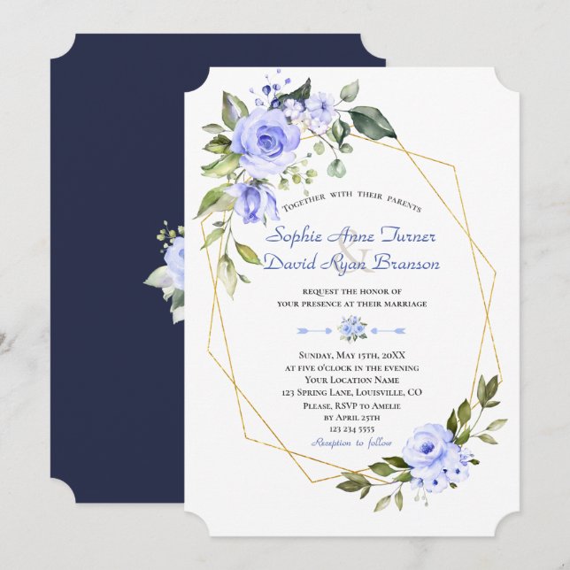 Invitation Aquarelle Blue Flowers Gold Frame Mariage (Devant / Derrière)