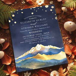 Invitation Aquarelle Blue Gold Foil Mountain Mariage extérieu