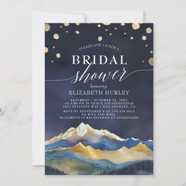 Invitation Aquarelle Blue Gold Foil Mountains Fête des mariée (Devant)
