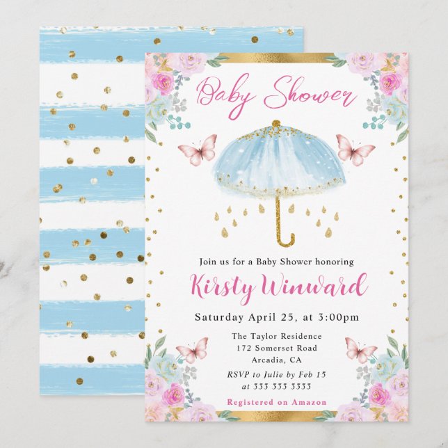 Invitation Aquarelle Blue Gold Spring Baby shower parapluie (Devant / Derrière)