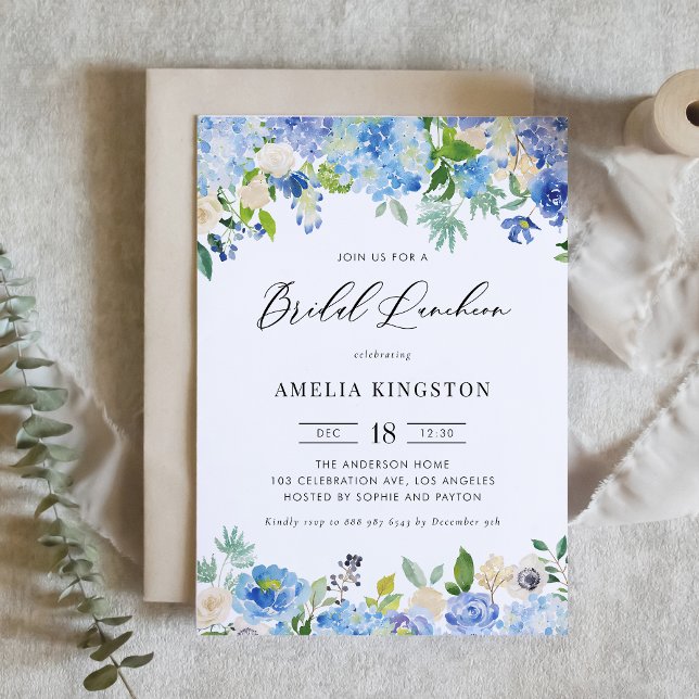 Invitation Aquarelle Blue Hydrangea Floral Bridal Luncheon (Créateur téléchargé)