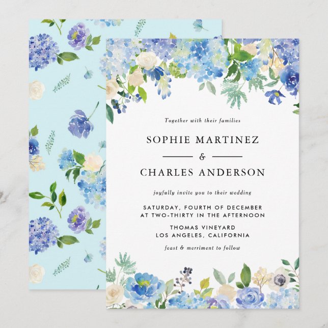 Invitation Aquarelle Blue Hydrangea Floral Garland Mariage (Devant / Derrière)