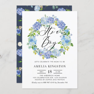 Invitation Aquarelle Blue Hydrangea Wreath C'est un garçon