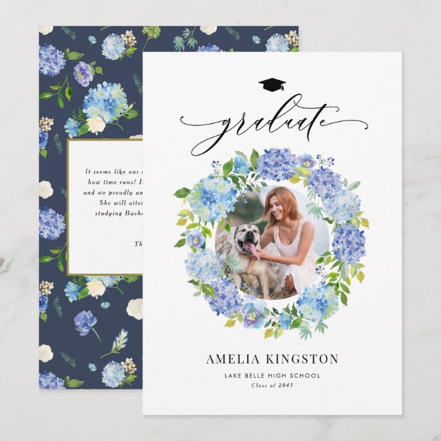 Invitation Aquarelle Blue Hydrangea Wreath Photo Graduation (Devant / Derrière)