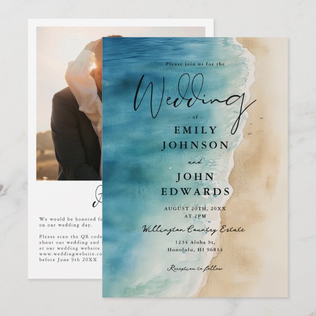 Invitation Aquarelle Blue Ocean Beach Photo QR Code Mariage (Devant / Derrière)