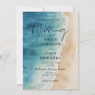 Invitation Aquarelle Blue Ocean Beach Sand Mariage