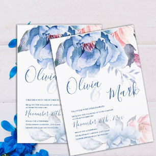 Invitation Aquarelle Blue Peach Floral Cute Script Mariage