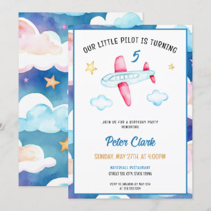 Invitation Aquarelle Blue Sky Cute Avion 5e anniversaire