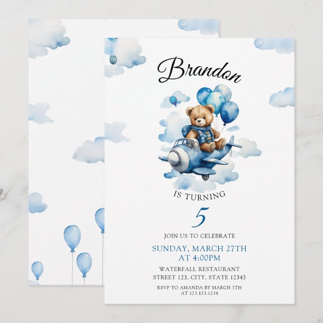 Invitation Aquarelle Blue Teddy Bear Avion 5e anniversaire (Devant / Derrière)