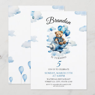 Invitation Aquarelle Blue Teddy Bear Avion 5e anniversaire