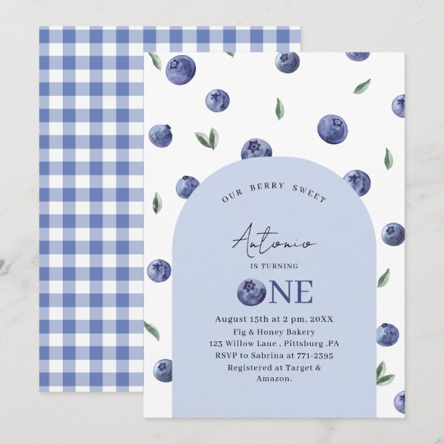Invitation Aquarelle Blueberry 1ère fête d'anniversaire (Devant / Derrière)