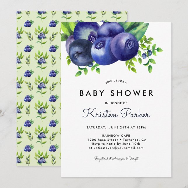 Invitation Aquarelle Blueberry Boy Baby shower (Devant / Derrière)