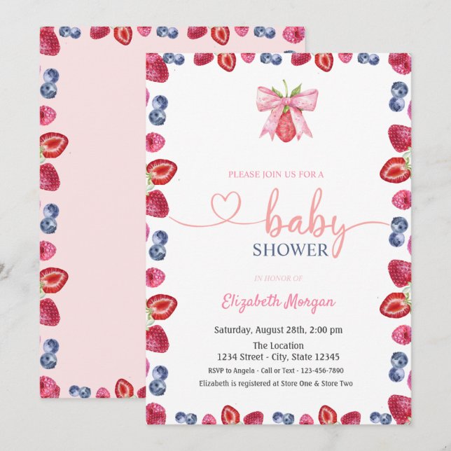 Invitation Aquarelle Blueberry fraise Baby shower (Devant / Derrière)