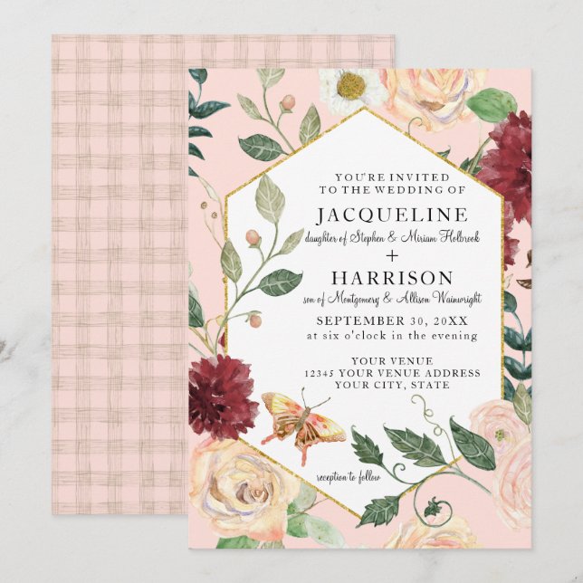 Invitation Aquarelle Blush Coral Floral Rose Papillon (Devant / Derrière)