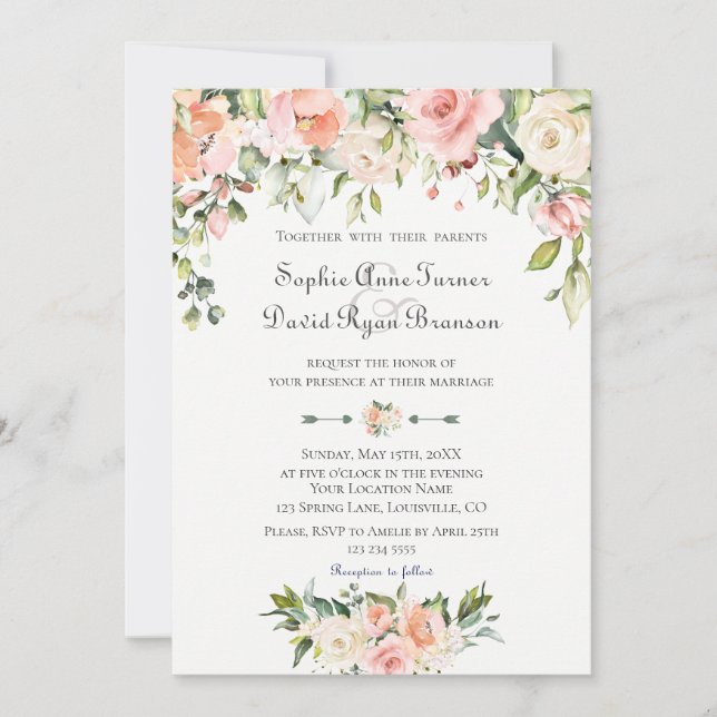 Invitation Aquarelle Blush Cream Flowers Bloom Mariage (Devant)