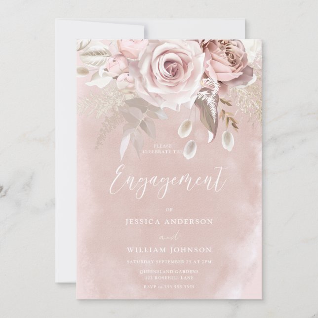 Invitation Aquarelle Blush & Dusty Rose Engagement (Devant)