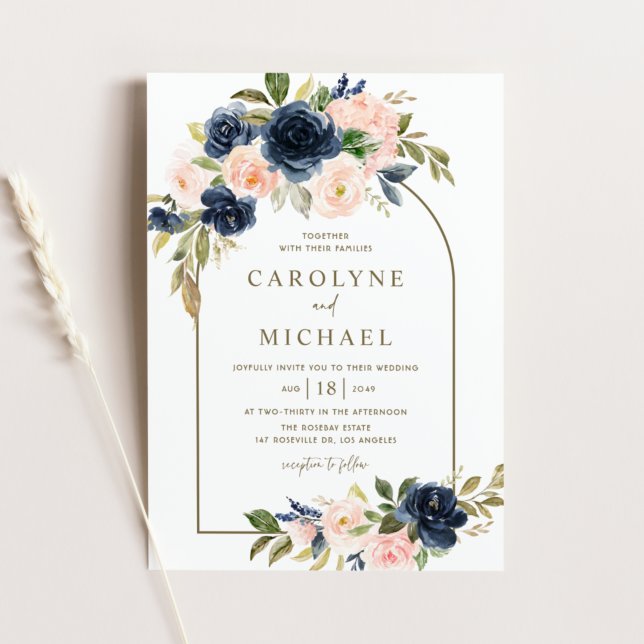 Invitation Aquarelle Blush et Marine Blue Floral Arch Mariage (Créateur téléchargé)