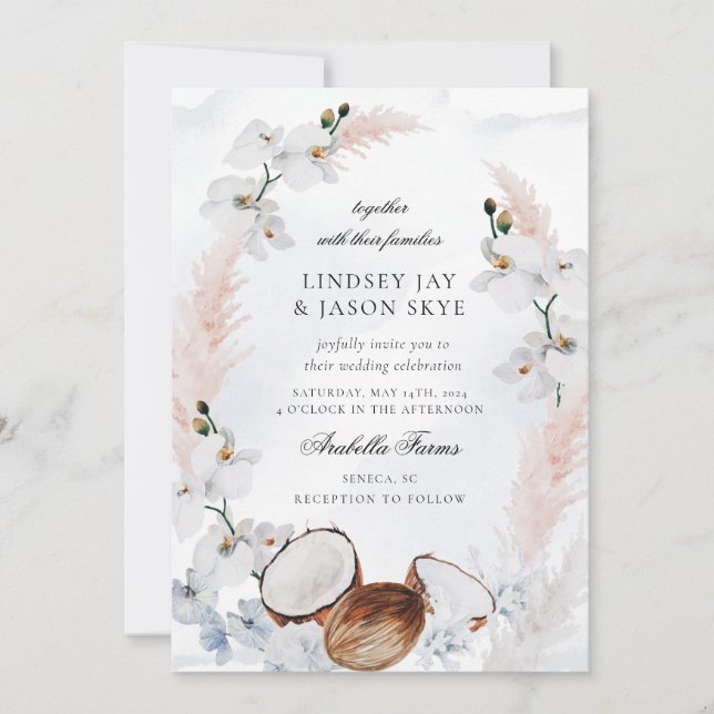 Invitation Aquarelle Blush Floral Beach Dusty Blue Mariage (Devant)