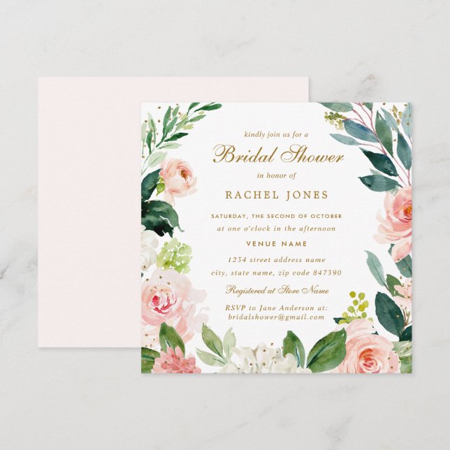 Invitation Aquarelle Blush Gold Floral Fête des mariées Invit (Devant / Derrière)