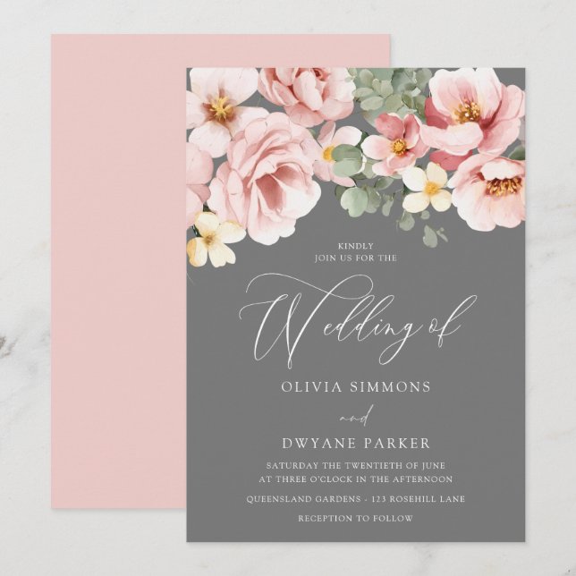 Invitation Aquarelle Blush & Grey Floral Mariage (Devant / Derrière)