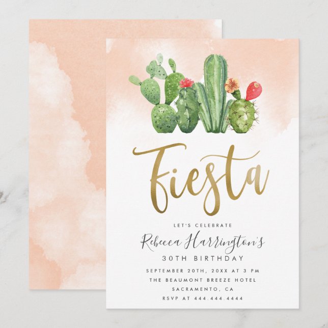 Invitation Aquarelle Blush moderne & Fête Cactus Anniversaire (Devant / Derrière)