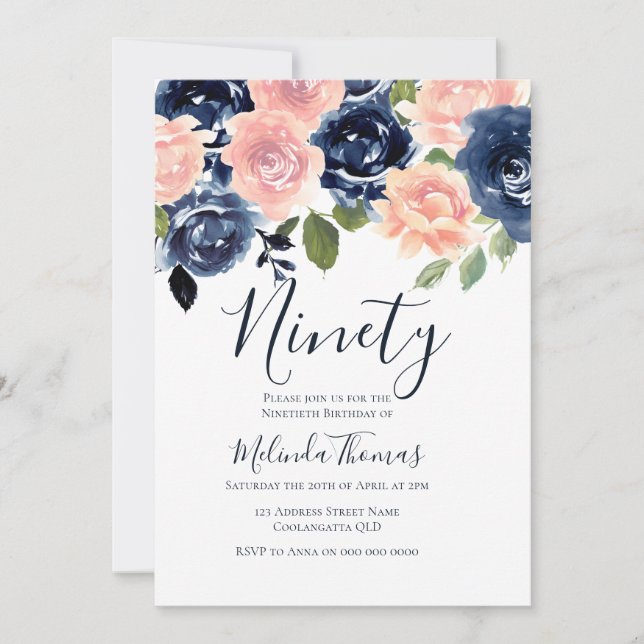 Invitation Aquarelle Blush & Navy Ninetieth 90e anniversaire (Devant)