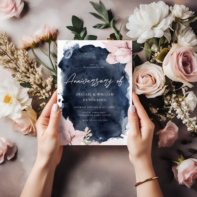 Invitation Aquarelle Blush Navy Toute l'année Anniversaire Ma (Créateur téléchargé)
