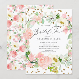 Invitation Aquarelle Blush Peonies Roses Florales Thé nuptial