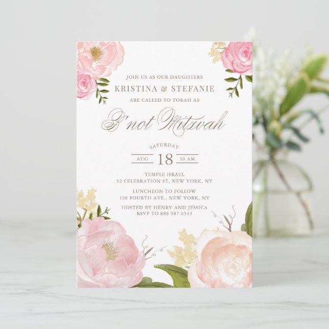 Invitation Aquarelle Blush Peony rose Floral B'not Mitzvah (Debout devant)