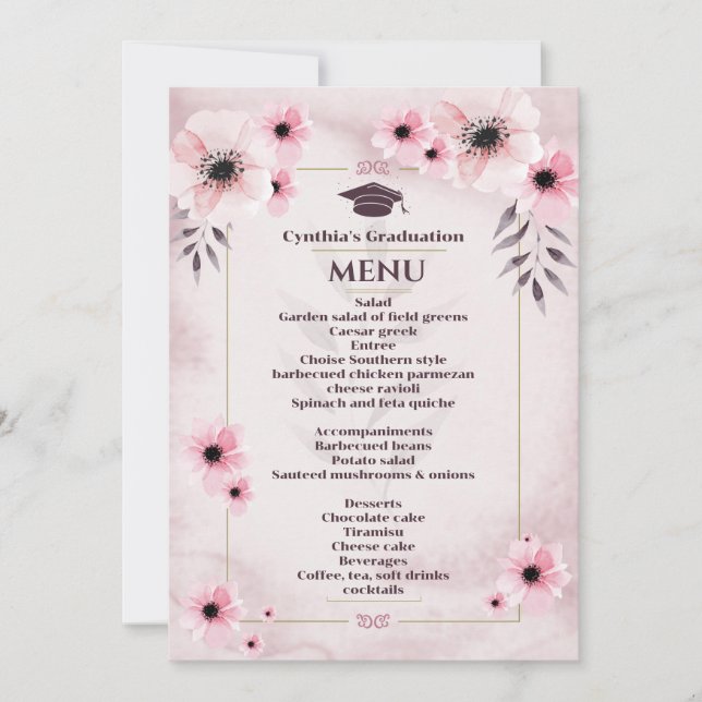 Invitation Aquarelle Blush Pink Graduation Menu du dîner (Devant)