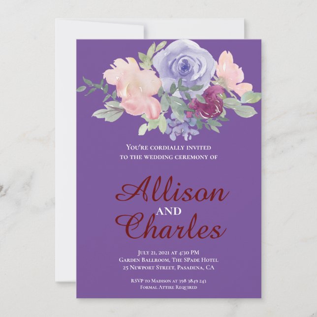 Invitation Aquarelle Blush Purple Floral Russe Mariage (Devant)