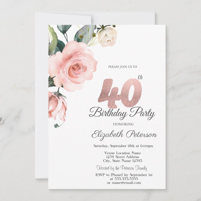 Invitation Aquarelle Blush Rose 40e anniversaire (Devant)