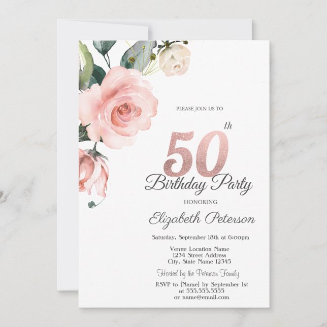 Invitation Aquarelle Blush Rose 50e anniversaire (Devant)