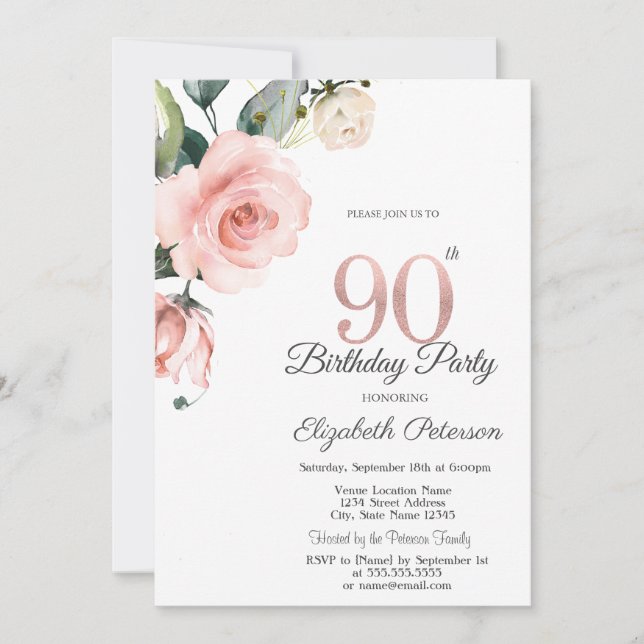 Invitation Aquarelle Blush Rose 90e anniversaire (Devant)