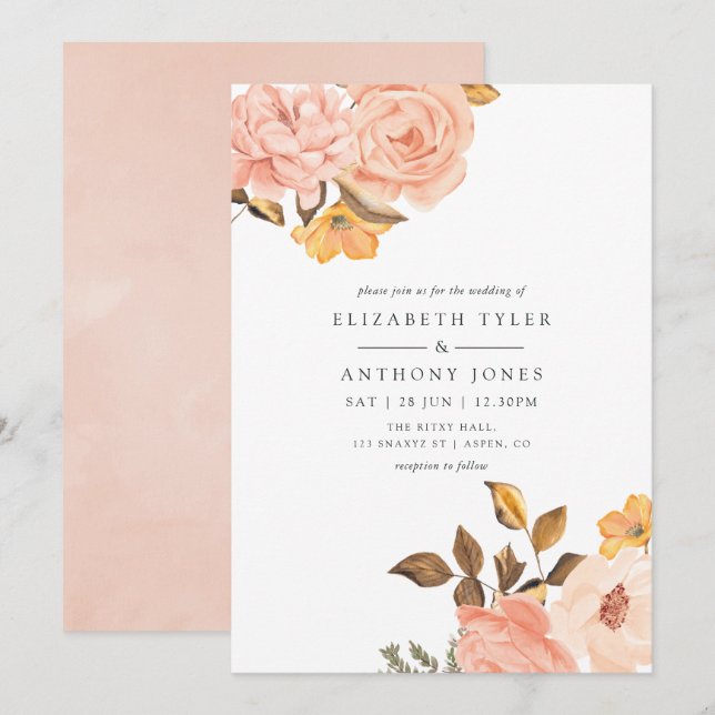 Invitation Aquarelle Blush rose et or Mariage Floral (Devant / Derrière)