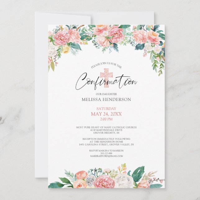 Invitation Aquarelle Blush Rose Floral Cross Confirmation (Devant)