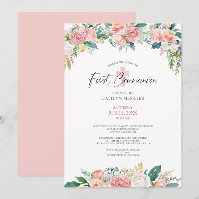Invitation Aquarelle Blush Rose Floral Cross Première communi (Devant / Derrière)