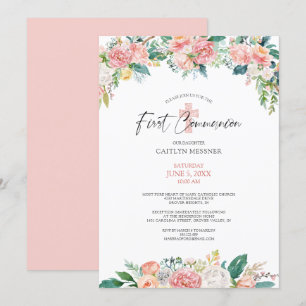 Invitation Aquarelle Blush Rose Floral Cross Première communi