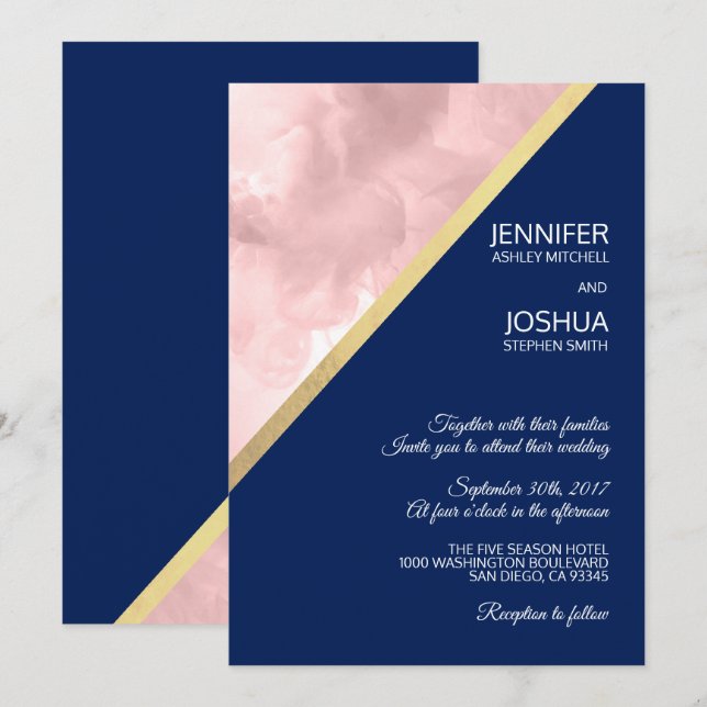 Invitation Aquarelle Blush Rose Marine Bleu Mariage à huile o (Devant / Derrière)