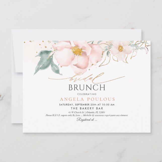 Invitation Aquarelle Blush single pétale Rose nuptiale Brunch (Devant)