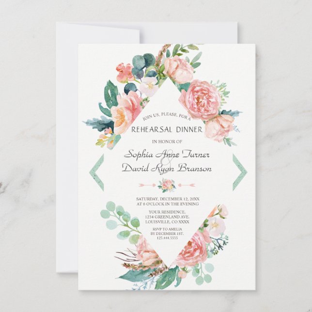 Invitation Aquarelle Blush White Peonies Dîner de répétition (Devant)