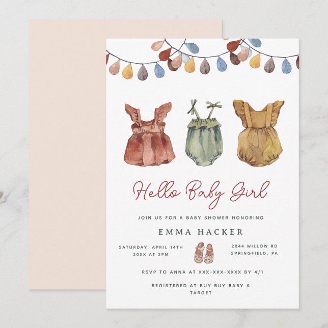 Invitation Aquarelle Boho Baby Girl Douche (Devant / Derrière)