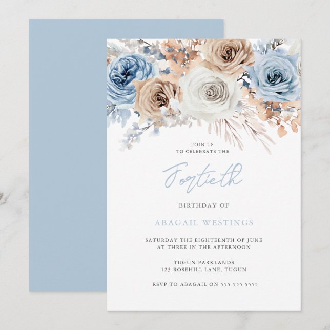 Invitation Aquarelle Boho Blue Floral 40e anniversaire (Devant / Derrière)