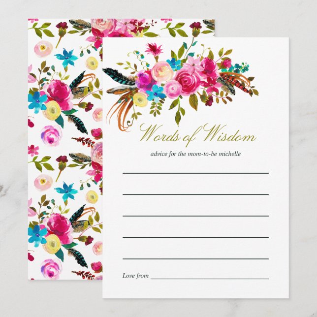 Invitation Aquarelle Boho Chic Floral Baby shower Maman Conse (Devant / Derrière)