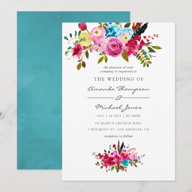 Invitation Aquarelle Boho Chic Floral Mariage (Devant / Derrière)