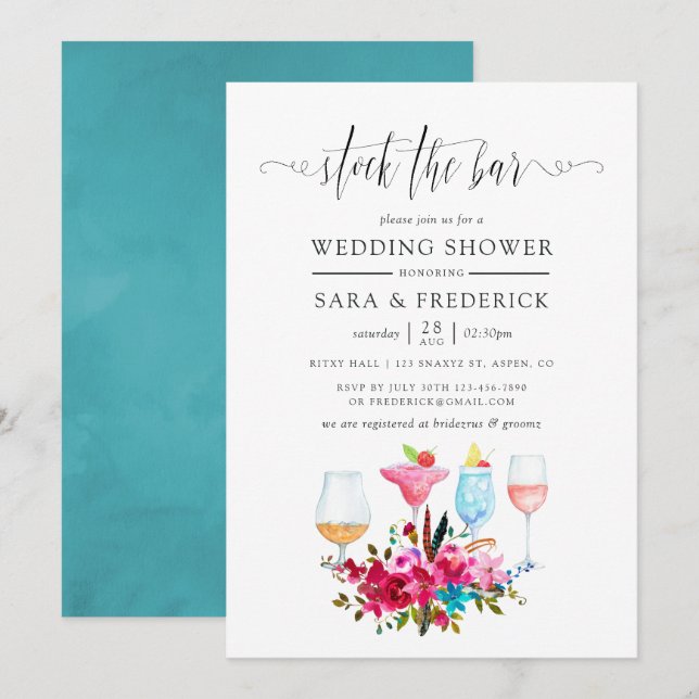 Invitation Aquarelle Boho Chic Floral Stock Bar (Devant / Derrière)