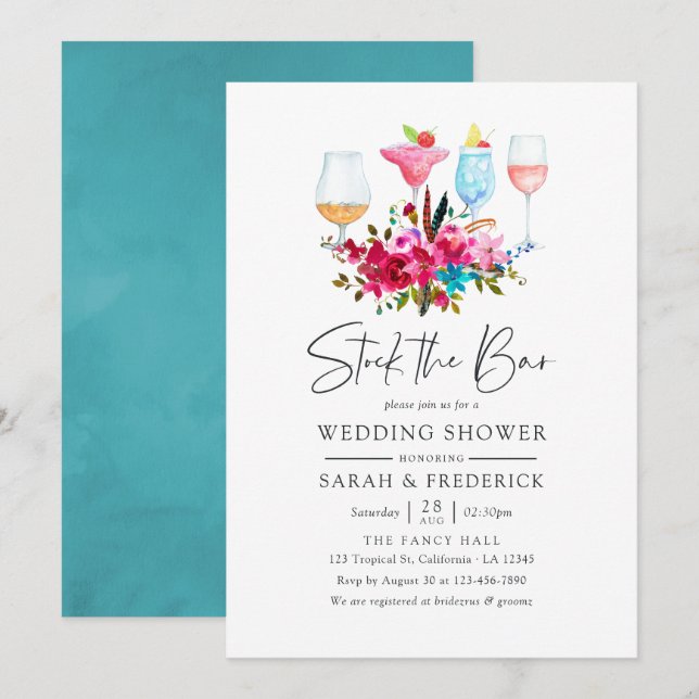 Invitation Aquarelle Boho Chic Florale Stockez le Bar (Devant / Derrière)